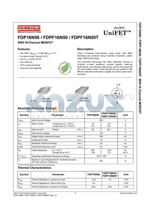 FDPF16N50T_12 datasheet - 500V N-Channel MOSFET