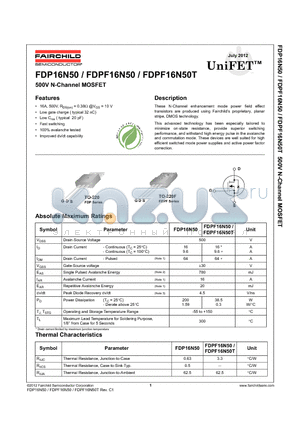 FDPF16N50_12 datasheet - 500V N-Channel MOSFET