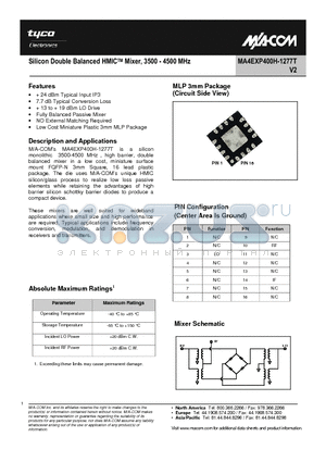 MA4EXP400H-1277T datasheet - Silicon Double Balanced HMICTM Mixer, 3500 - 4500 MHz