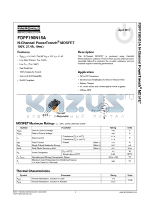 FDPF190N15A datasheet - N-Channel PowerTrench^ MOSFET 150V, 27.4A, 19mY