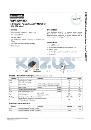 FDPF390N15A datasheet - N-Channel PowerTrench^ MOSFET 150V, 15A, 40m