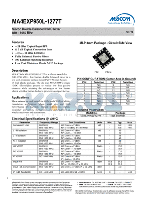 MA4EXP950L-1277T datasheet - Silicon Double Balanced HMIC Mixer 850 - 1050 MHz