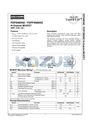 FDPF5N60NZ datasheet - N-Channel MOSFET 600V, 4.5A, 2.0Y