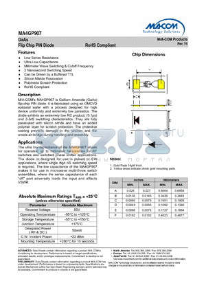 MA4GP907 datasheet - GaAs Flip Chip PIN Diode