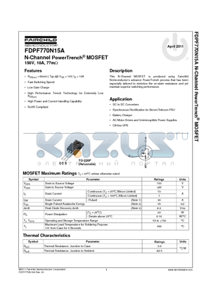 FDPF770N15A datasheet - N-Channel PowerTrench^ MOSFET 150V, 10A, 77mY