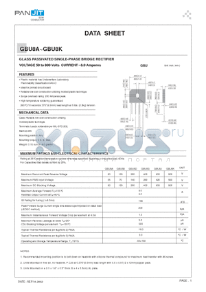 GBU8A datasheet - GLASS PASSIVATED SINGLE-PHASE BRIDGE RECTIFIER(VOLTAGE 50 to 800 Volts CURRENT - 8.0 Amperes)