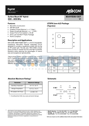 MA4HYB390-1303T datasheet - Surface Mount 90-Hybrid 3650 - 4050 MHz