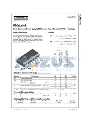 FDQ7244S datasheet - Dual Notebook Power Supply N-Channel PowerTrench in SO-14 Package