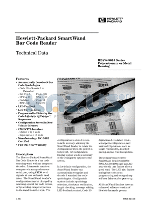 HBSW-8200 datasheet - Hewlett-Packard SmartWand Bar Code Reader