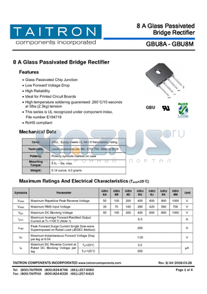 GBU8A datasheet - 8 A Glass Passivated Bridge Rectifier