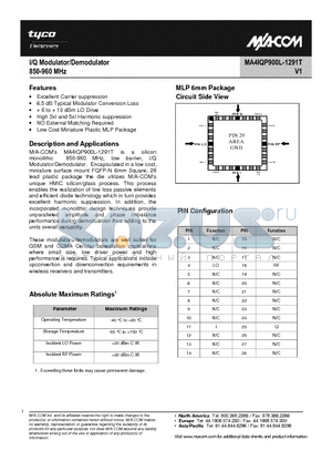 MA4IQP900L-1291T datasheet - I/Q Modulator/Demodulator 850-960 MHz