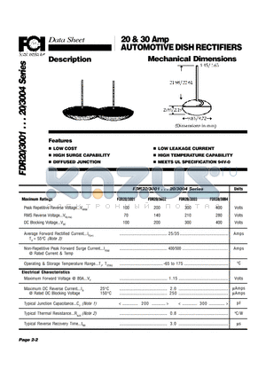 FDR20/3002 datasheet - 20 & 30 Amp AUTOMOTIVE DISH RECTIFIERS