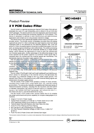 MC145481SD datasheet - 3V PCM CODEC-FILTER