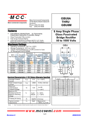 GBU8A datasheet - 8 Amp Single Phase Glass Passivated Bridge Rectifier 50 to 1000 Volts