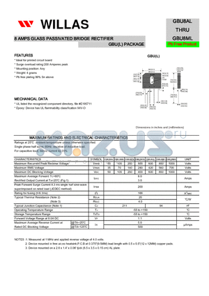 GBU8AL datasheet - 8 AMPS GLASS PASSIVATED BRIDGE RECTIFIER