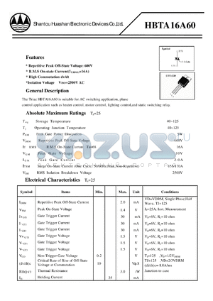 HBTA16A60 datasheet - INNER INSULATED TYPE TRIAC (II TO-220 PACKAGE)