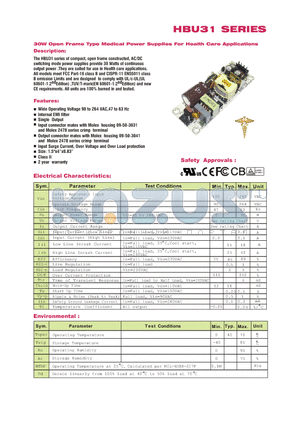 HBU31-103 datasheet - 30W Open Frame Type Medical Power Supplies For Health Care Applications