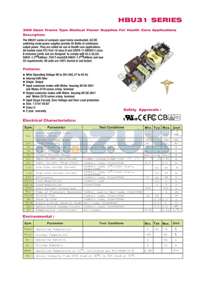 HBU31-104 datasheet - 30W Open Frame Type Medical Power Supplies For Health Care Applications