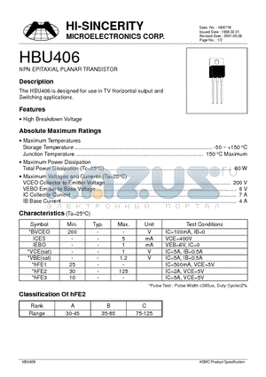 HBU406 datasheet - NPN EPITAXIAL PLANAR TRANSISTOR