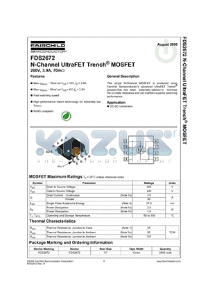 FDS2672 datasheet - N-Channel UltraFET Trench^ MOSFET 200V, 3.9A, 70m