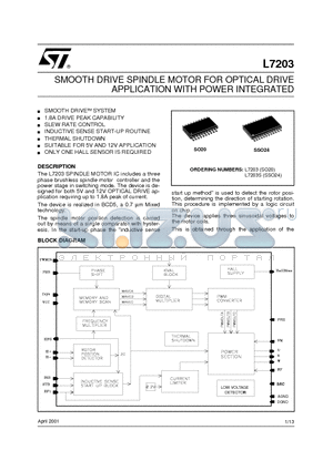 L7203S datasheet - SMOOTH DRIVE SPINDLE MOTOR FOR OPTICAL DRIVE APPLICATION WITH POWER INTEGRATED
