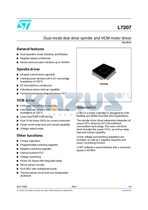 L7207 datasheet - Dual mode disk drive spindle and VCM motor driver