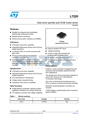 L7220 datasheet - Disk drive spindle and VCM motor driver