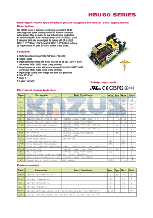 HBU60 datasheet - 60W Open frame type medical power supplies for health care applications