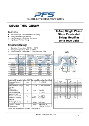 GBU8D datasheet - 8 Amp Single Phase Glass Passivated Bridge Rectifier 50 to 1000 Volts