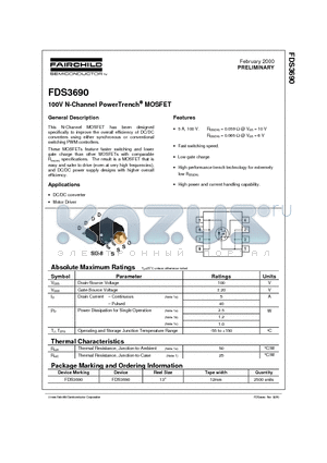 FDS3690 datasheet - 100V N-Channel PowerTrench MOSFET