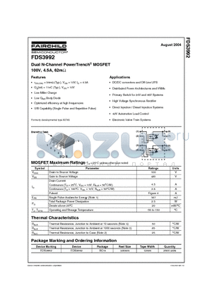 FDS3992 datasheet - Dual N-Channel PowerTrench^ MOSFET 100V, 4.5A, 62m