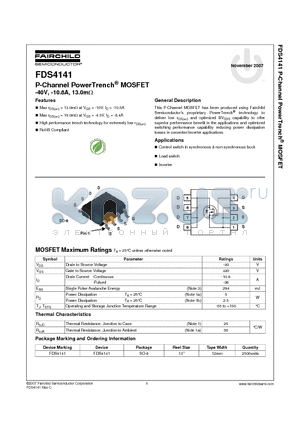 FDS4141 datasheet - P-Channel PowerTrench^ MOSFET -40V, -10.8A, 13.0mY
