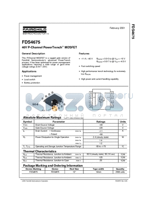 FDS4675 datasheet - 40V P-Channel PowerTrench MOSFET