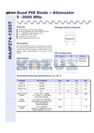 MA4P274-1225 datasheet - Quad PIN Diode p Attenuator 5 .3000 MHz