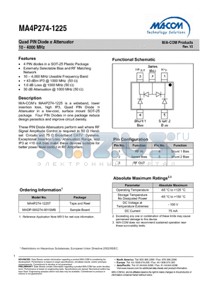 MA4P274-1225 datasheet - Quad PIN Diode p Attenuator 10 - 4000 MHz