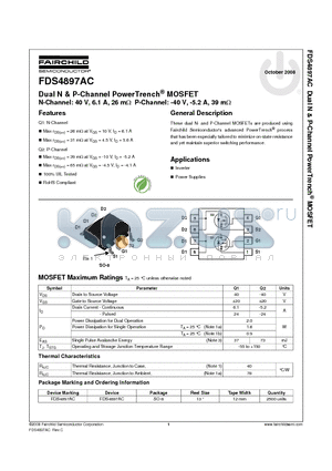 FDS4897AC datasheet - Dual N & P-Channel PowerTrench^ MOSFET N-Channel: 40 V, 6.1 A, 26 mY P-Channel: -40 V, -5.2 A, 39 mY