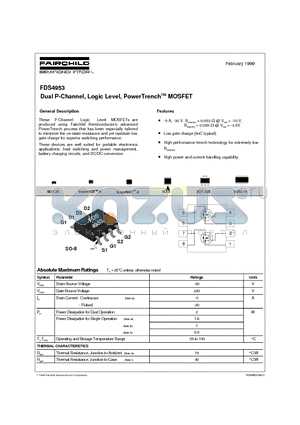 FDS4953 datasheet - Dual P-Channel, Logic Level, PowerTrenchTM MOSFET
