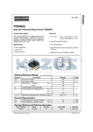 FDS4953 datasheet - Dual 30V P-Channel PowerTrench MOSFET