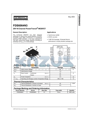 FDS6064N3 datasheet - 20V N-Channel PowerTrench MOSFET