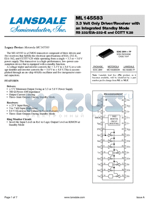 MC145583DW datasheet - 3.3 Volt Only Driver/Receiver with an Integrated Standby Mode RS 232/EIA-232-E and CCITT V.28