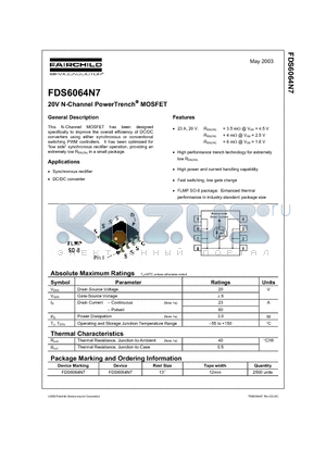 FDS6064N7 datasheet - 20V N-Channel PowerTrench MOSFET