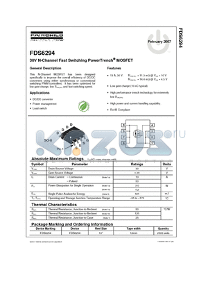 FDS6294 datasheet - 30V N-Channel Fast Switching PowerTrench MOSFET