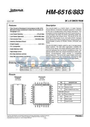 HM4-6516B/883 datasheet - 2K x 8 CMOS RAM