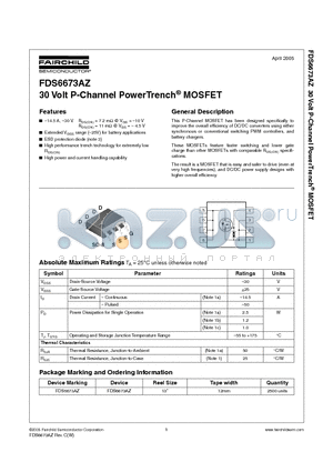 FDS6673AZ datasheet - 30 Volt P-Channel PowerTrench MOSFET