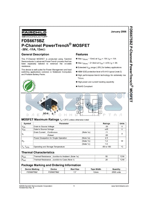 FDS6675BZ datasheet - P-Channel PowerTrench MOSFET -30V, -11A, 13mOhm