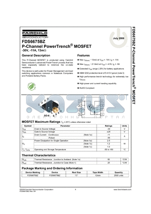 FDS6675BZ datasheet - P-Channel PowerTrench^ MOSFET