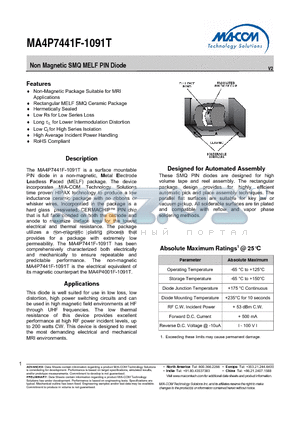 MA4P7441F-1091T datasheet - Non Magnetic SMQ MELF PIN Diode