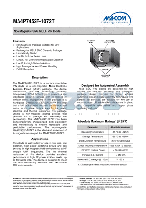 MA4P7452F-1072T datasheet - Non Magnetic SMQ MELF PIN Diode