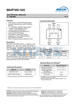 MA4P7455-1225T datasheet - Quad PIN Diode p Attenuator 10 - 4000 MHz