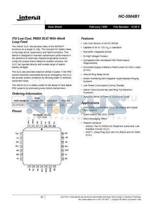 HC-5504 datasheet - ITU Low Cost, PABX SLIC With 40mA Loop Feed